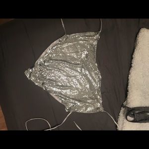 Chain mail gun metal silver crop top